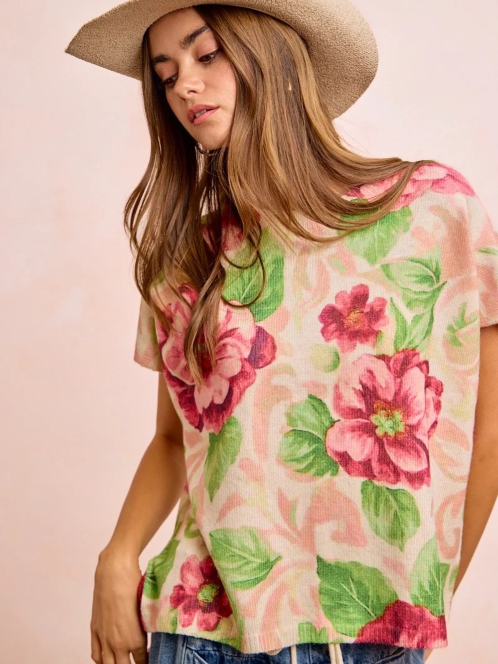 NWT BiBi Floral Short Sleeve Knit Sweater Top Size M